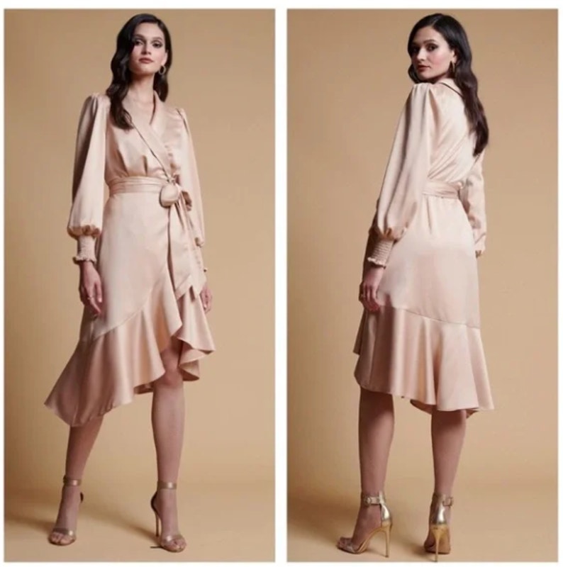 Anthrpologie X Rachel Parcell Satin Wrap Dress Beige Sand Sz S Nwt $198 {M47}